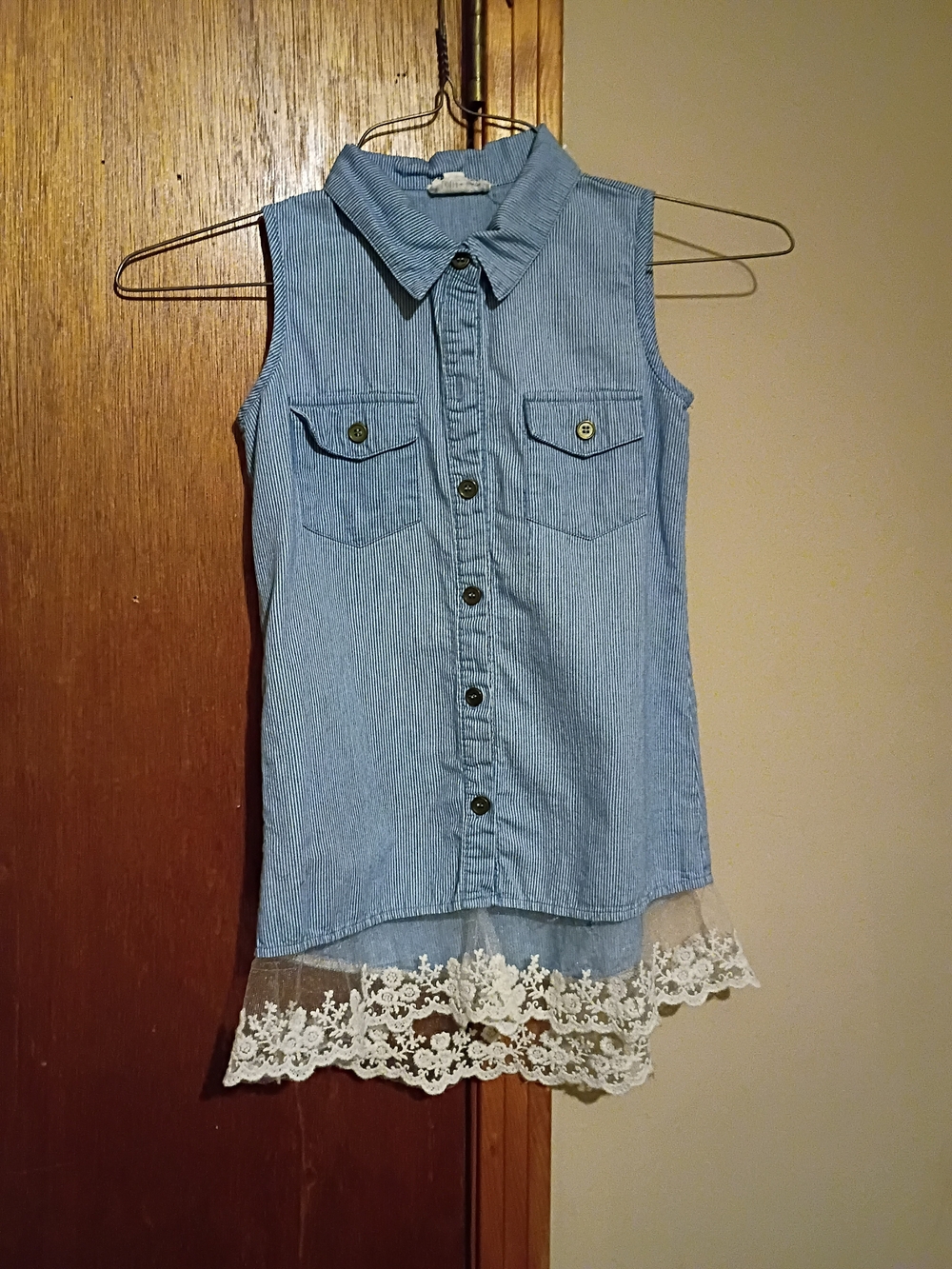 Lolli Light Blue Sleeveless Chambray Button-Down Top with Lace Hem